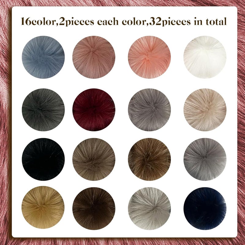 Allruyee 32 Pieces Pom Pom Faux Fur Pom Pom for Hats, Keychains, Scarves, Gloves & Bags Accessories with Elastic Loop, 16 Colours - Image 2